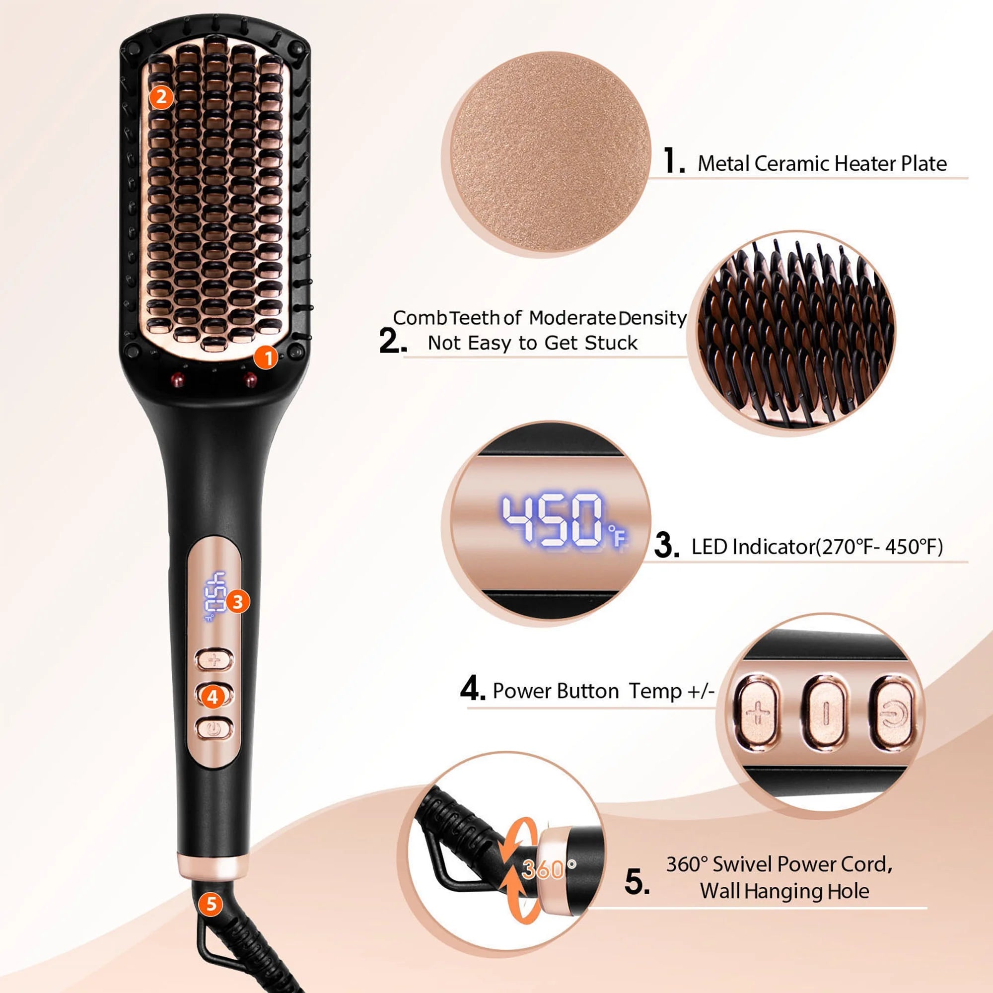 Hair Straightening Brush, Gold Ionic Hair Straightener Comb, Ceramic Coating