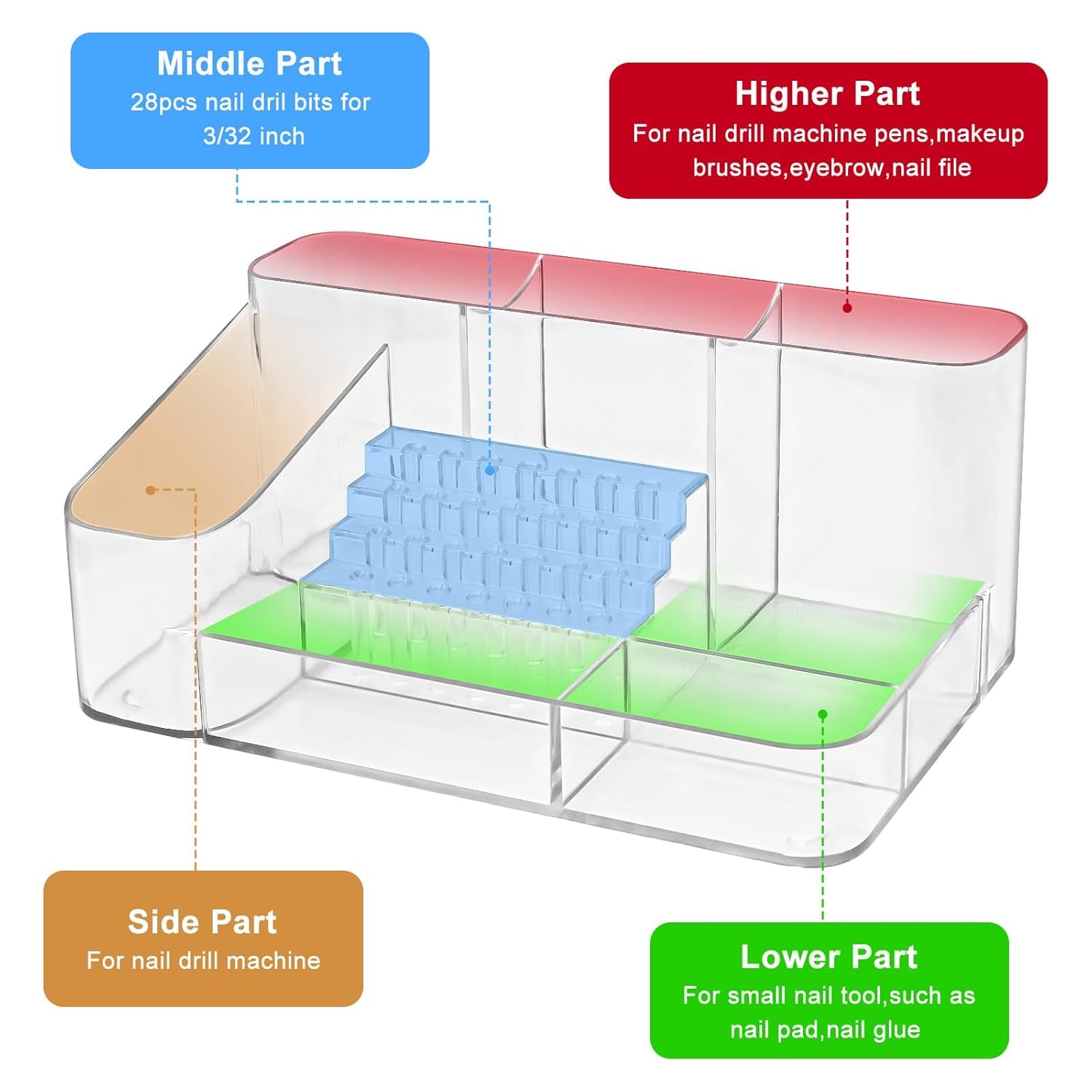Nail Drill Holder, 28 Holes Acrylic Nail Drill Bit Holder, Professional Nail Drill Organizer Case and Storage Box for Manicure Tools - Transparent (Not Included Tools)