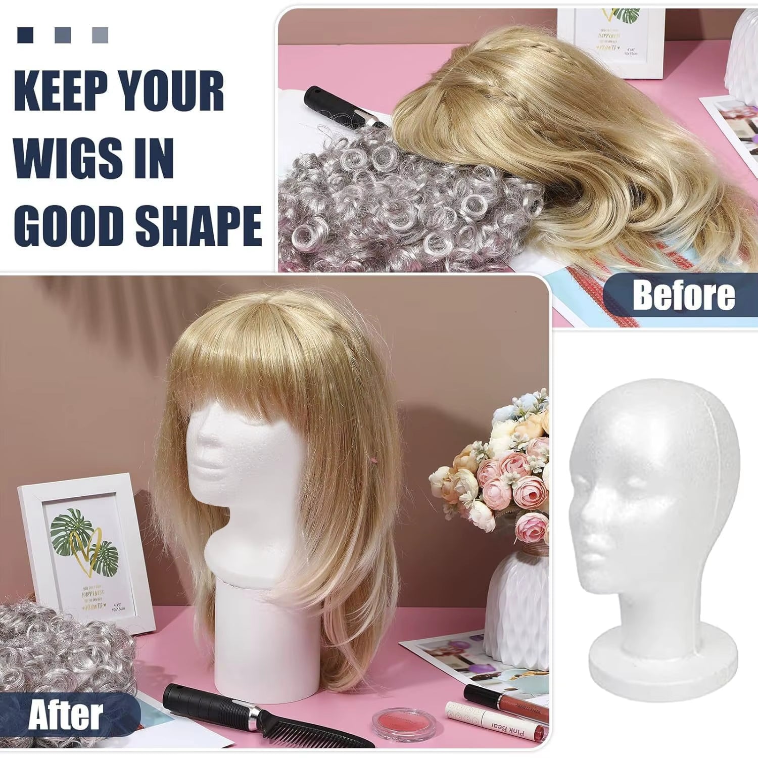 White Styrofoam Mannequin Head - Lightweight, Ideal for Styling, Displaying Wigs