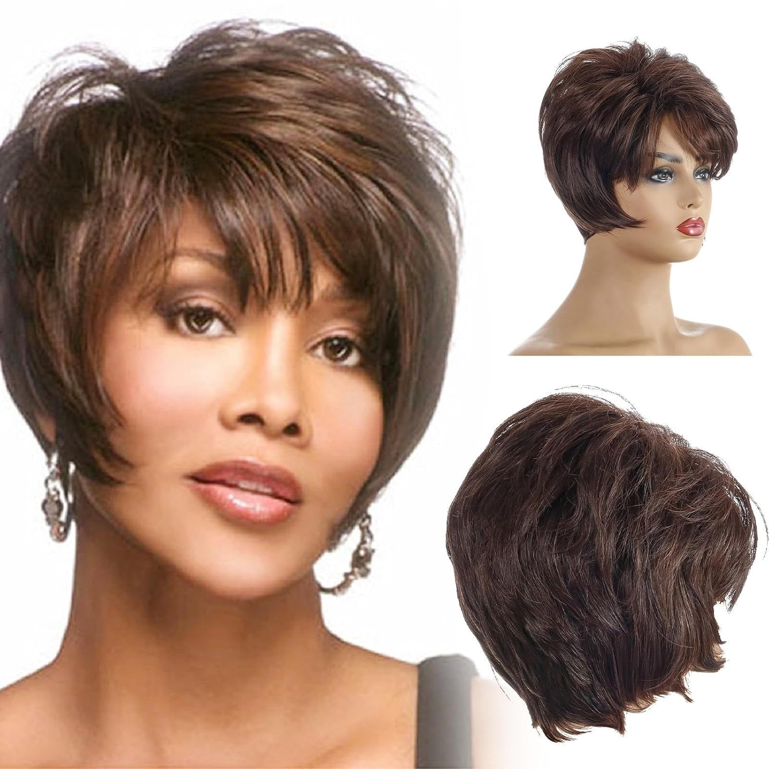 Human Hair Short Wigs for Women Short Brown Wig for Women Synthetic Wigs Dark Brown Daily Ues Hair