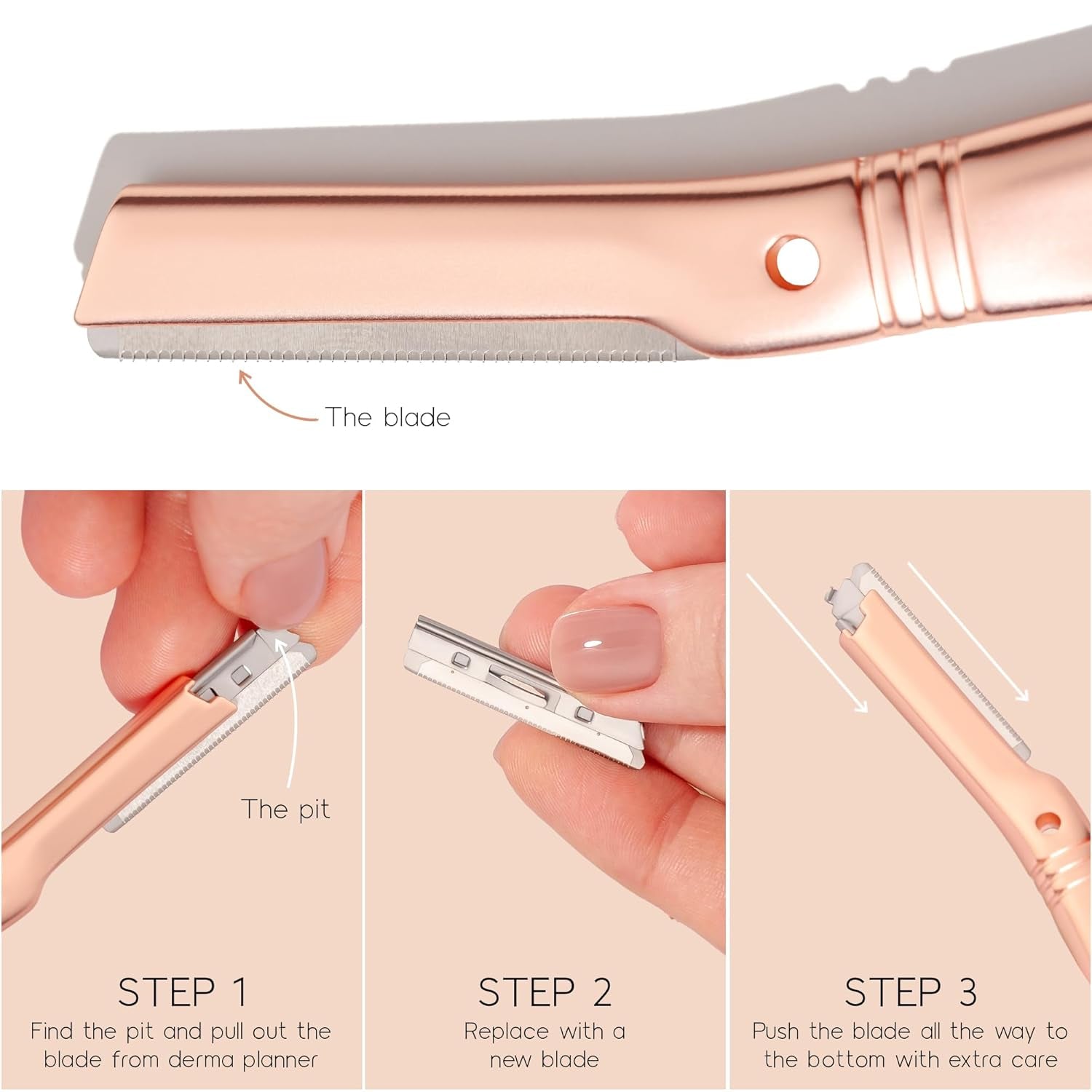 Dermaplaning Tool for Face, Eyebrow Shaping, Hair Removal and Exfoliation. Eco-Friendly Design. Includes 3 Swedish Stainless Steel Blades in Rosegold (Starter Kit)