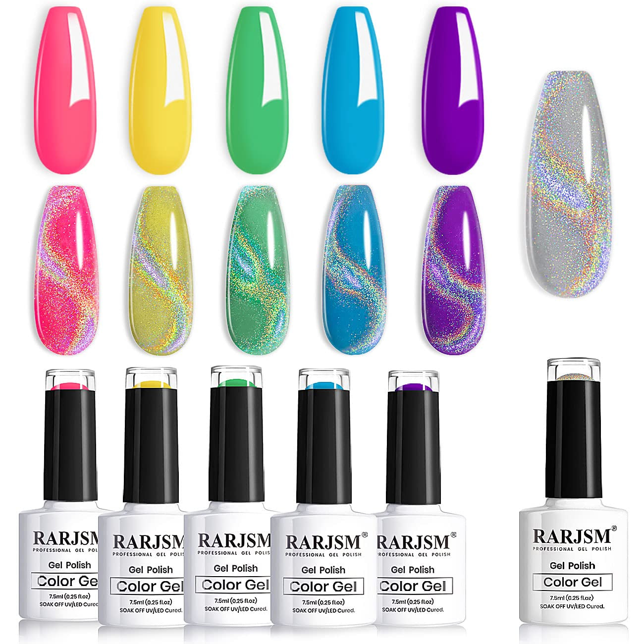 Holographic Gel Nail Polish Set Summer Colors Glitter Gel Polishes Kit Rose Gold Hot Pink Red Violet Bright Purple 6PCS 7.5ML Curing Required Unicorn Mirror Laser Effect for Salon Home Manicure
