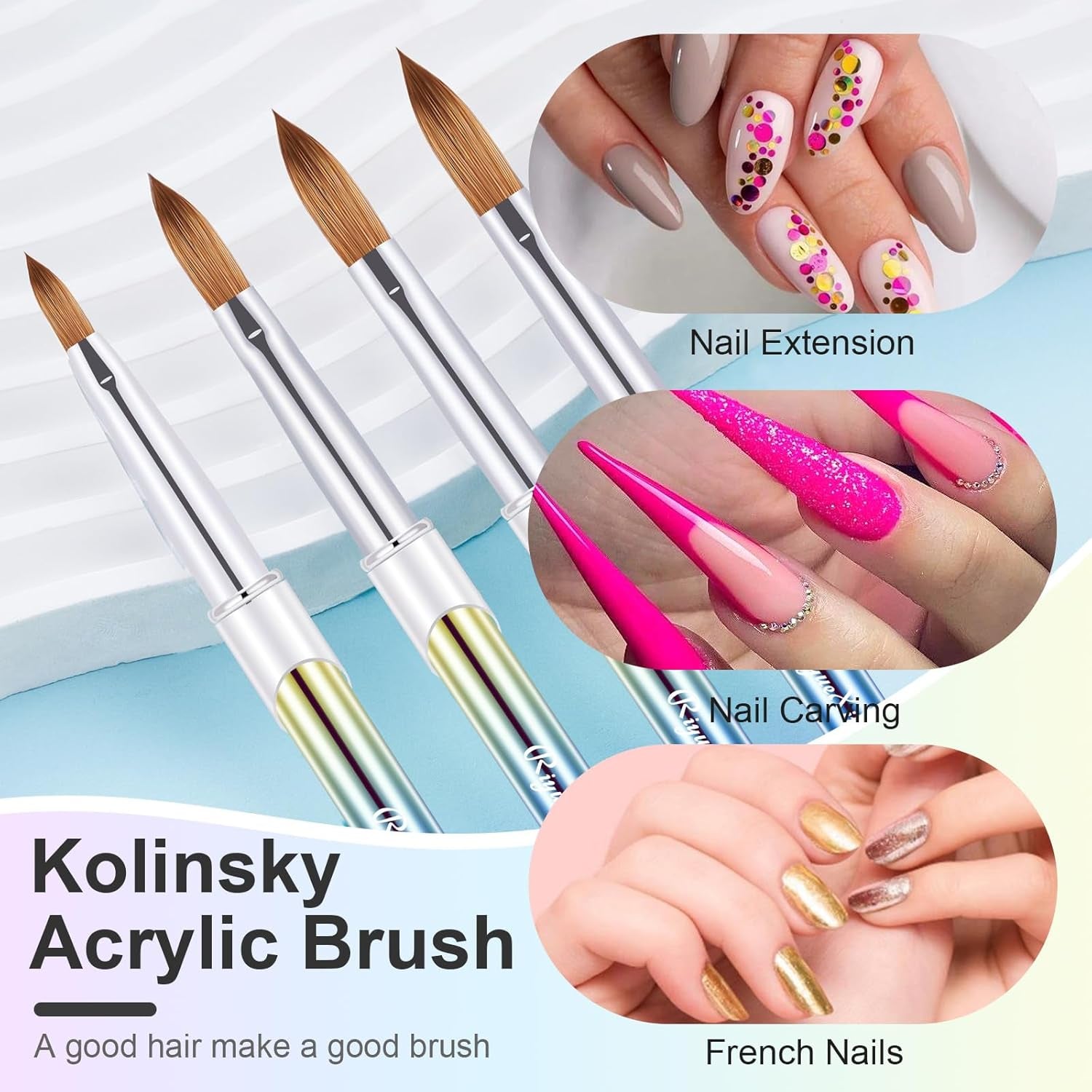 4PCS Acrylic Nail Brush Set, 6/8/12/16. Kolinsky Nail Art Brushes for Acrylic Application, Sturdy Handle Oval Shaped Acrylic Powder Nail Design Tools for Professional Manicure DIY
