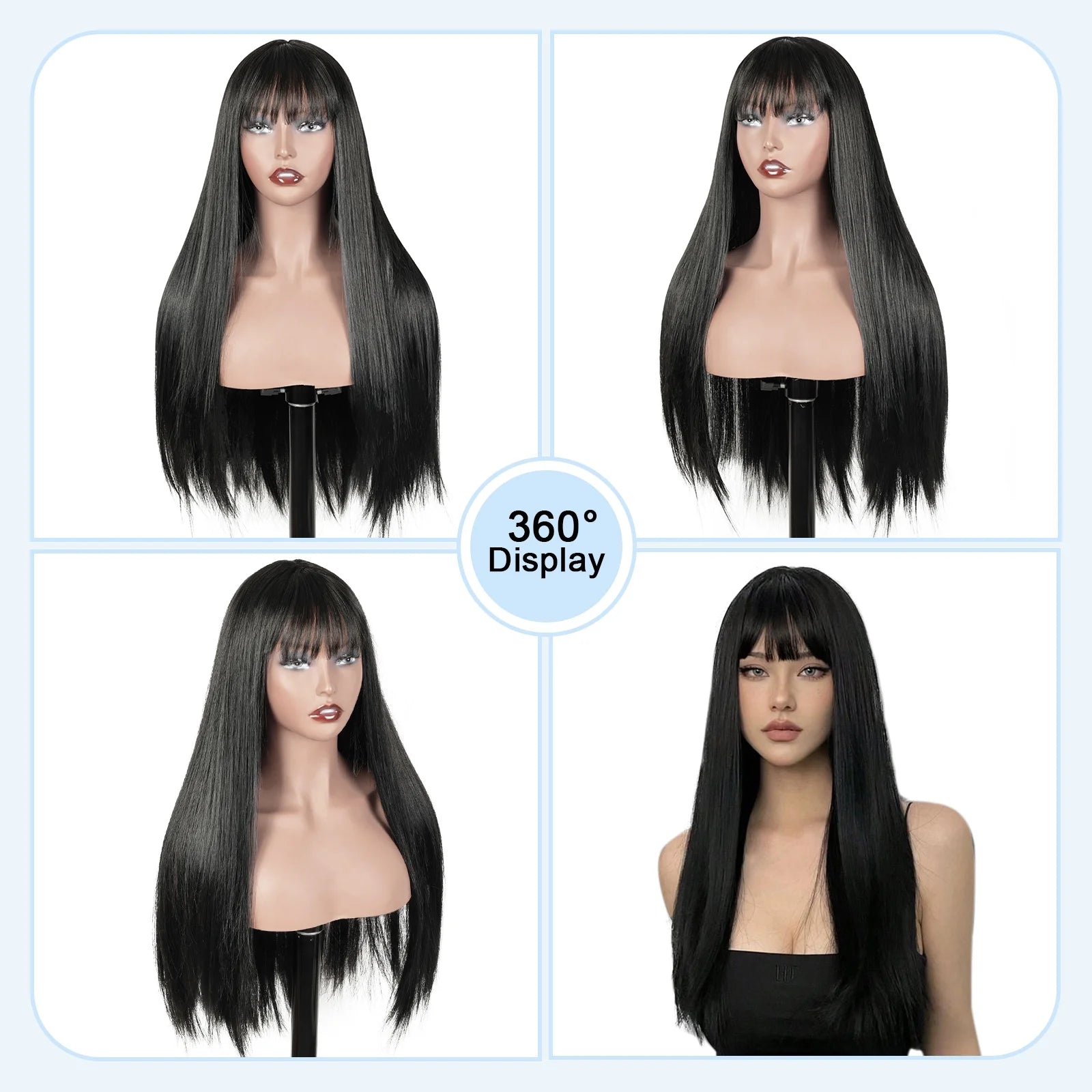 Long Straight Black Wigs for Women Synthetic Long Straight Wig with Bangs Looking Natural Black Long Wigs 24 Inch