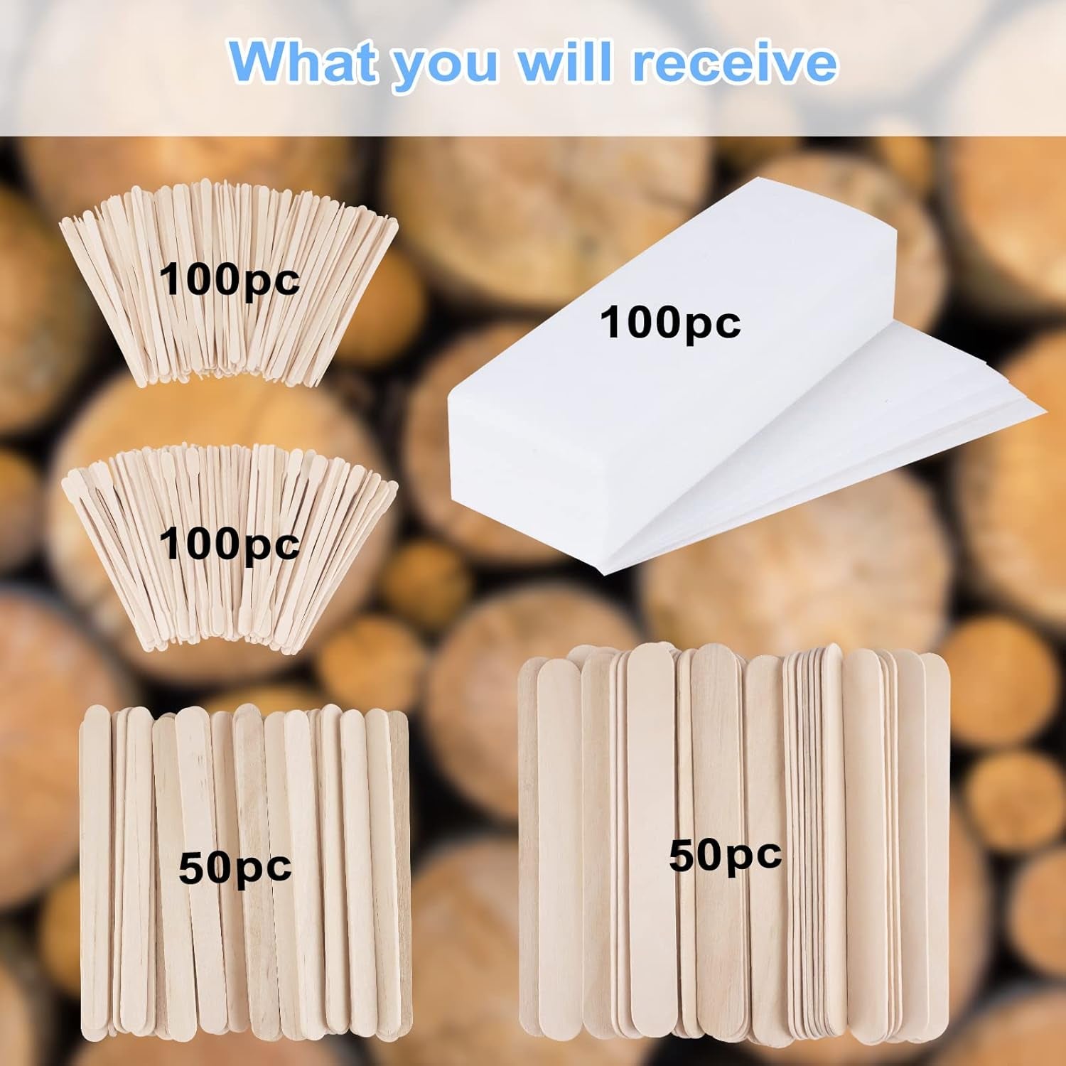 400Pcs Wax Strips Sticks Kit,  300 Small Medium Large Wooden Wax Applicator Sticks Eyebrow Wax Spatulas and 100 Non-Woven Paper Wax Strip for Face Body Hair Removal Women Men