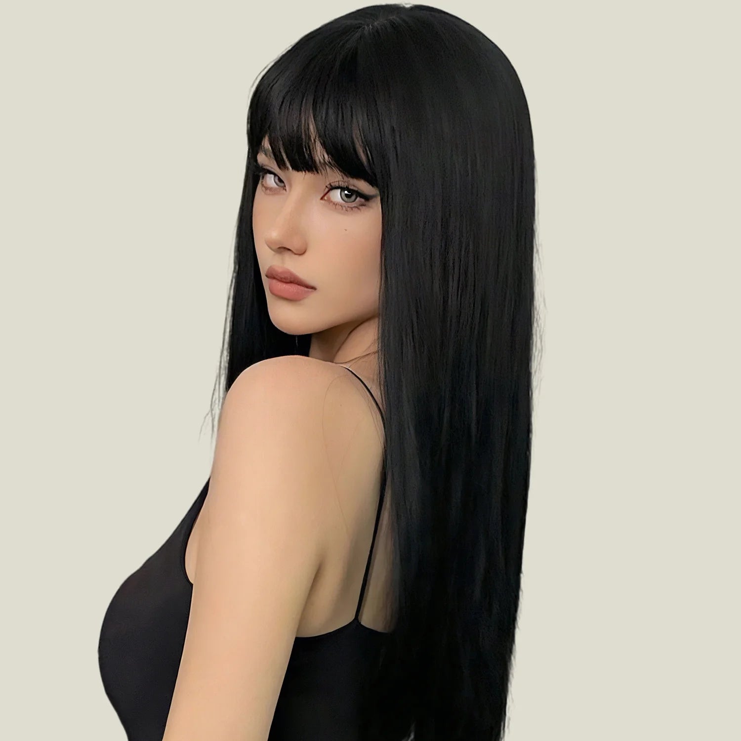 Long Straight Black Wigs for Women Synthetic Long Straight Wig with Bangs Looking Natural Black Long Wigs 24 Inch