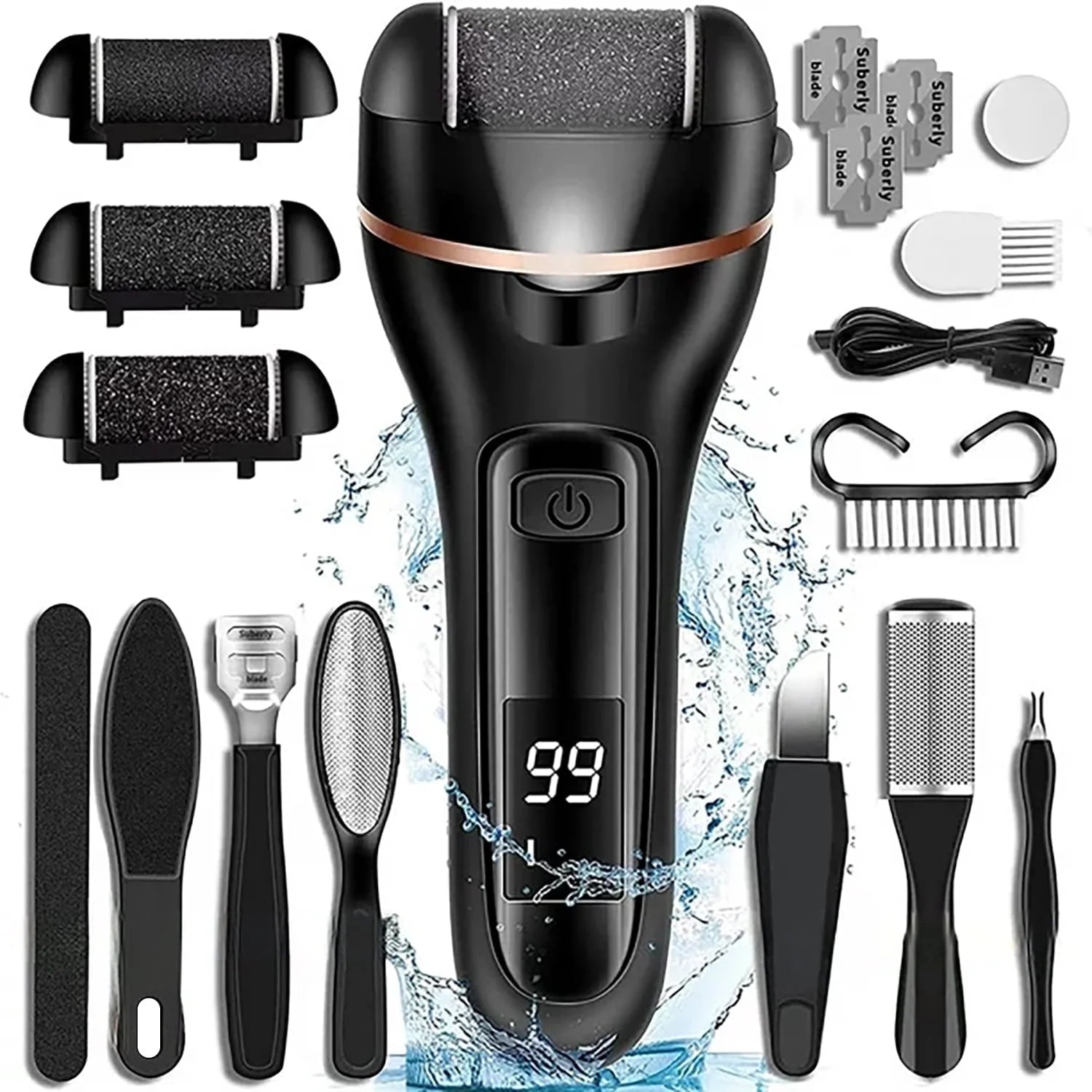 Callus Remover for Feet, 18-In-1 Professional Pedicure Tools Foot Care Kit, Foot Scrubber Electric Feet File Pedi for Hard Cracked Dry Dead Skin, 3 Rollers, 2 Speed, Battery Display