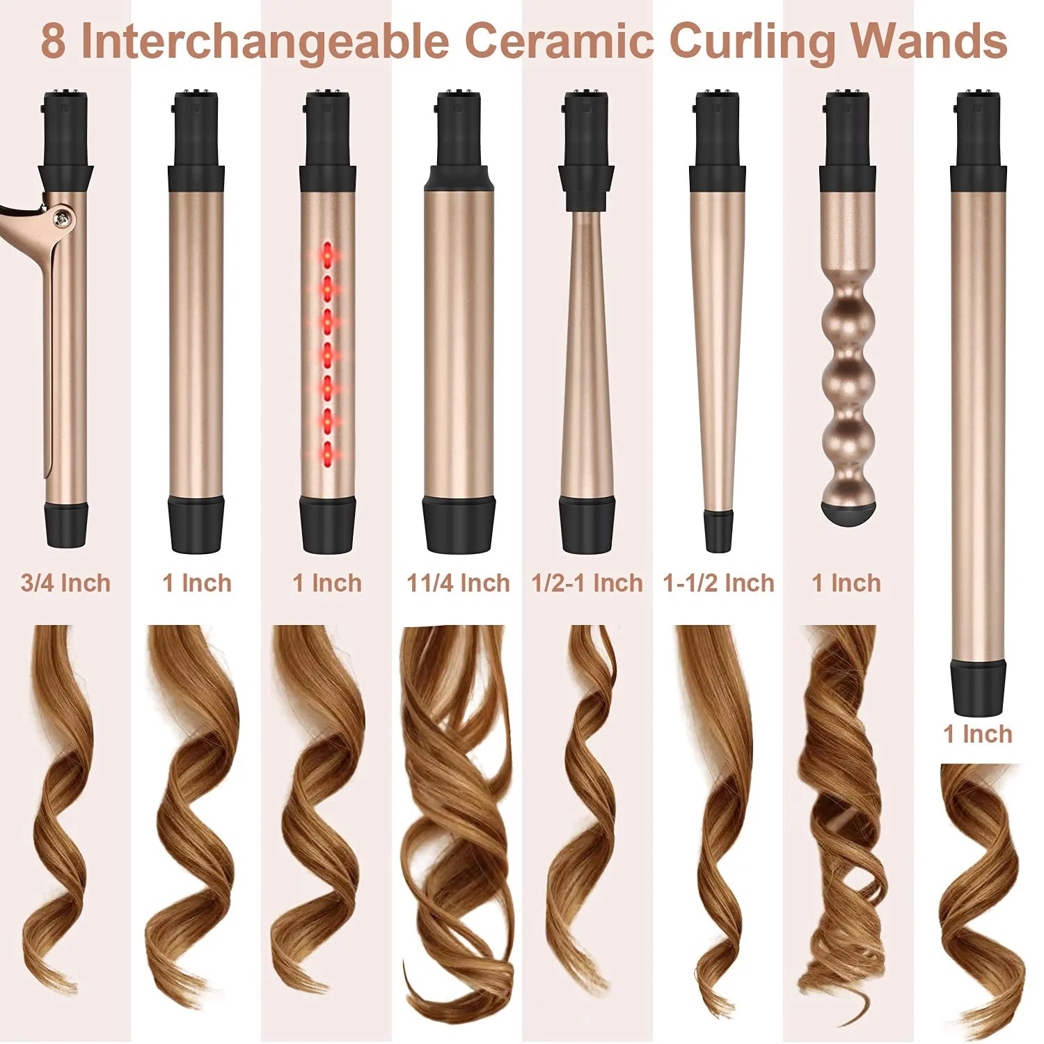 Infrared Interchangeable 8 in 1 Curling Iron Set, Hair Curler Wand for Long Hair, LED Temperature Control,Glove and 2 Hair Clips