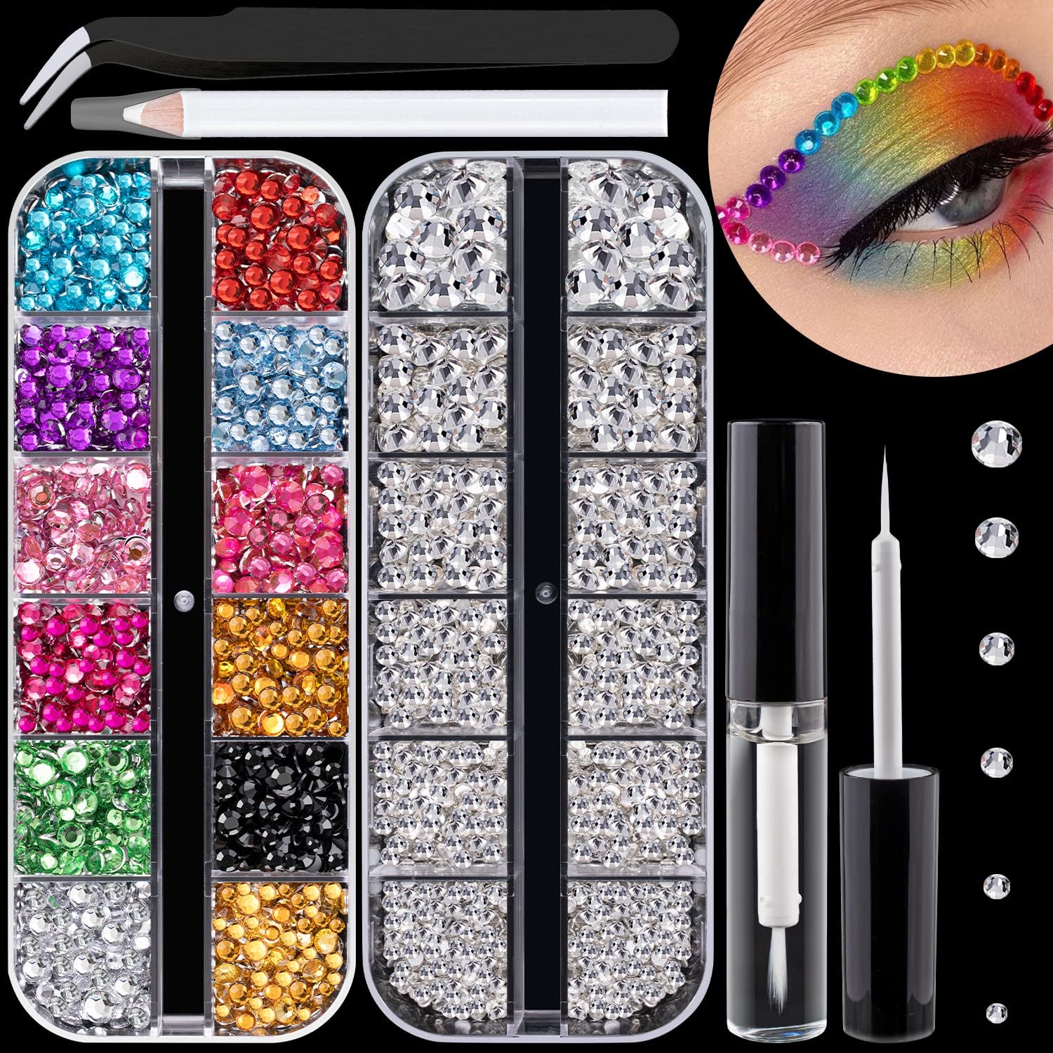 Flat Back Rhinestone Kits Colorful Rhinestones+Crystal Ab&Transparent White Face Gems Nail Gem with Quick Dry Makeup Glue+Picker Pencil+Tweezer for Bedazzling Face Makeup and Nail Art