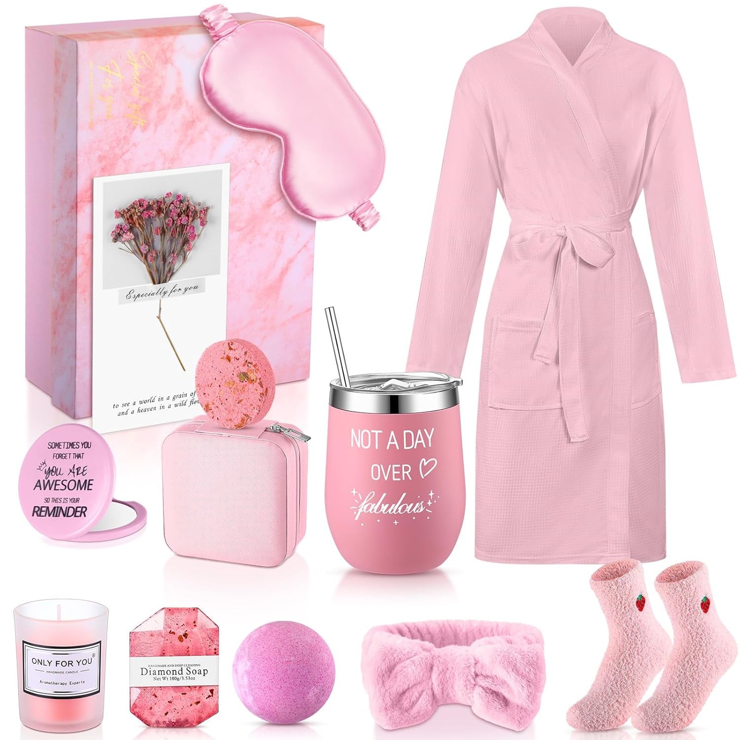 13 Pcs Birthday Gifts for Women Mothers Day Gifts Spa Basket Set for Women Mirrors Socks Steamers Jewelry Case Bath Robe Mom Nurse Girlfriend Wife