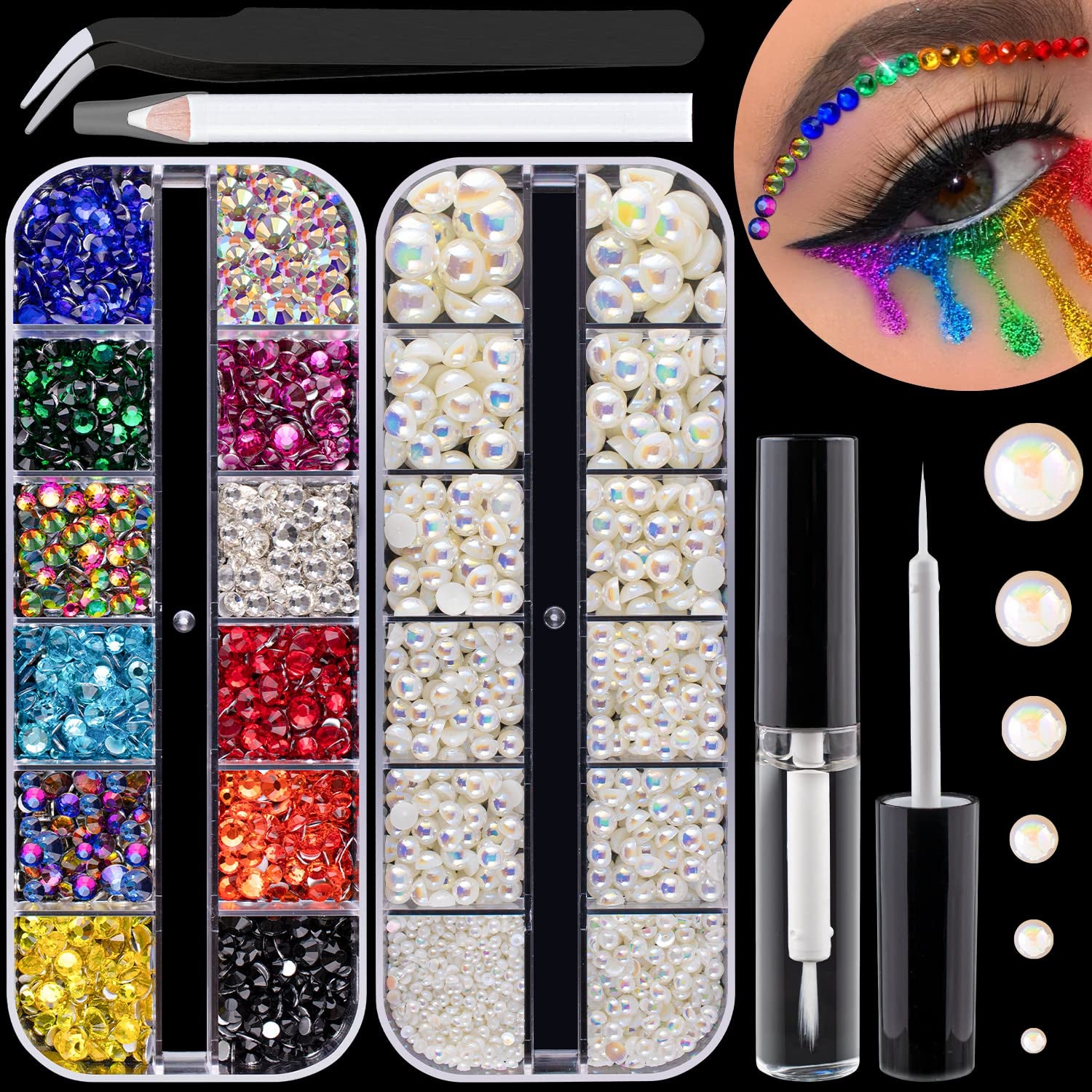 Flat Back Rhinestone Kits Colorful Rhinestones+Crystal Ab&Transparent White Face Gems Nail Gem with Quick Dry Makeup Glue+Picker Pencil+Tweezer for Bedazzling Face Makeup and Nail Art