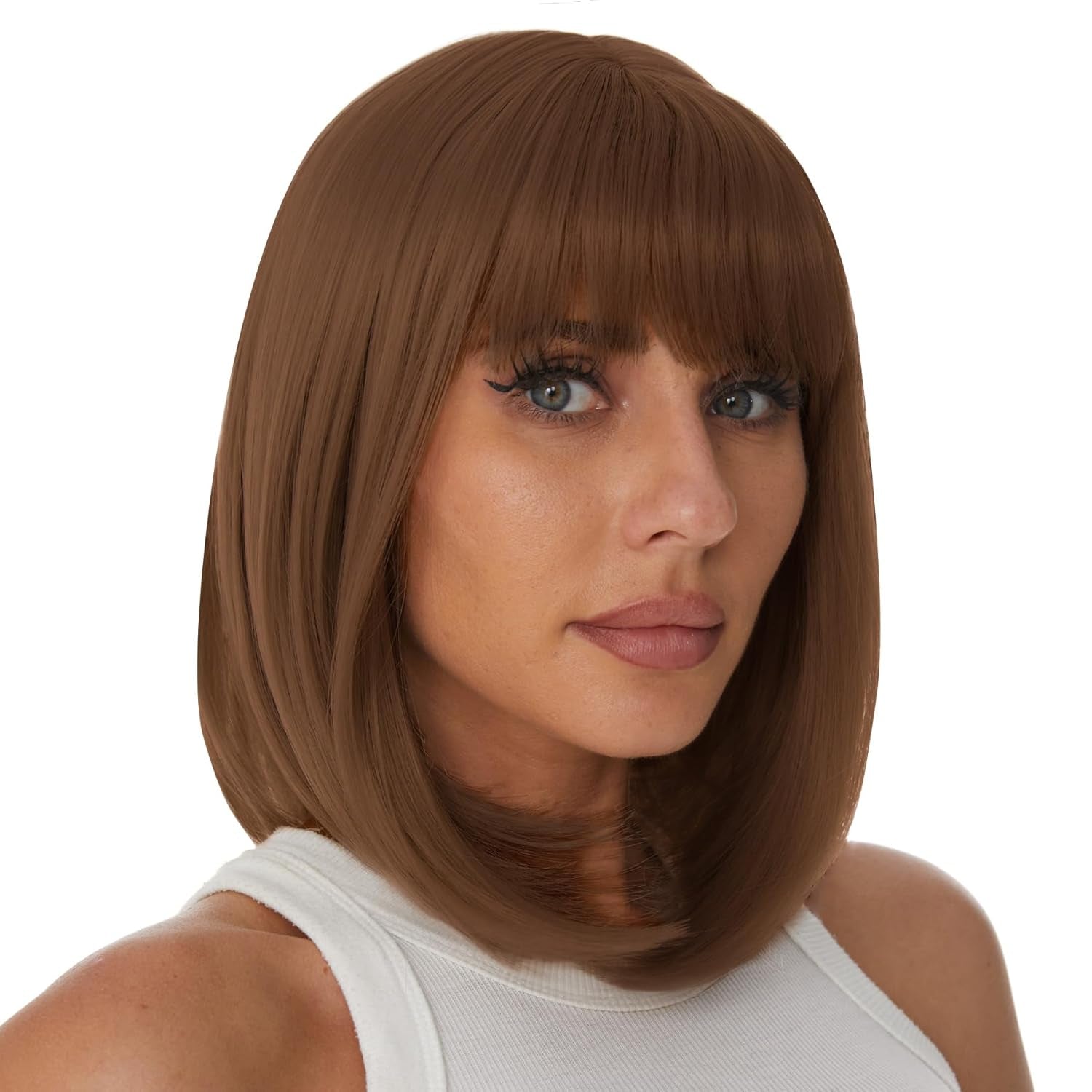 Auburn Bob Wigs with Bangs for Women Short Straight Shoulder Length Heat Resistant Synthetic Wig Light Golden Brown Natural Looking for Daily Cosplay Party