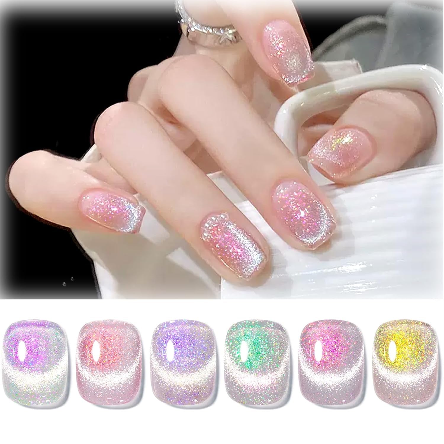 Cat Magnetic Gel Nail Polish 9D Chameleon Holorgraphic Cat Magnetic Eye Gel Polish Glitter Gel Polish Set 6PCS