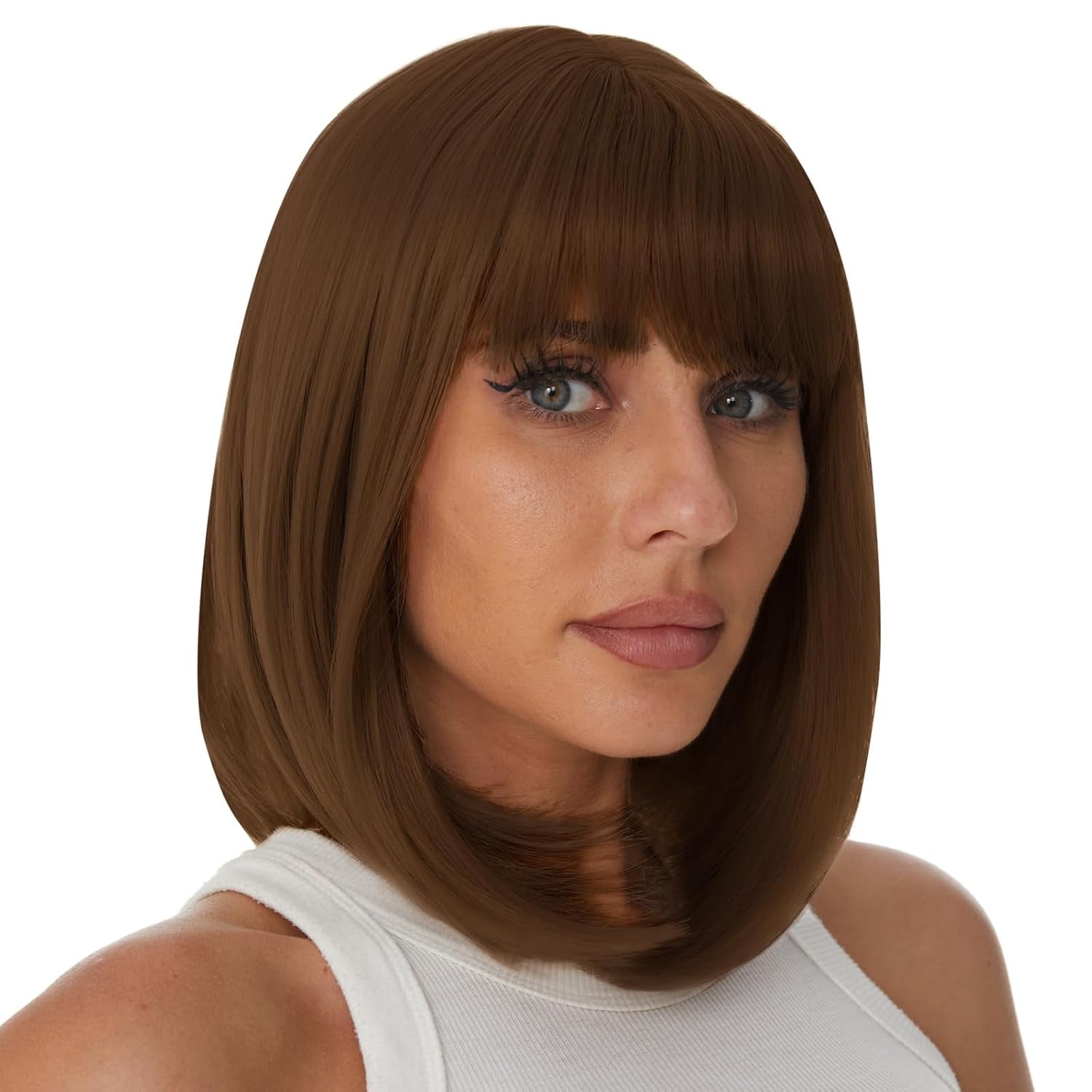 Auburn Bob Wigs with Bangs for Women Short Straight Shoulder Length Heat Resistant Synthetic Wig Light Golden Brown Natural Looking for Daily Cosplay Party