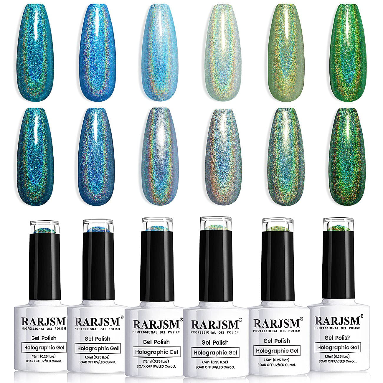 Holographic Gel Nail Polish Set Summer Colors Glitter Gel Polishes Kit Rose Gold Hot Pink Red Violet Bright Purple 6PCS 7.5ML Curing Required Unicorn Mirror Laser Effect for Salon Home Manicure