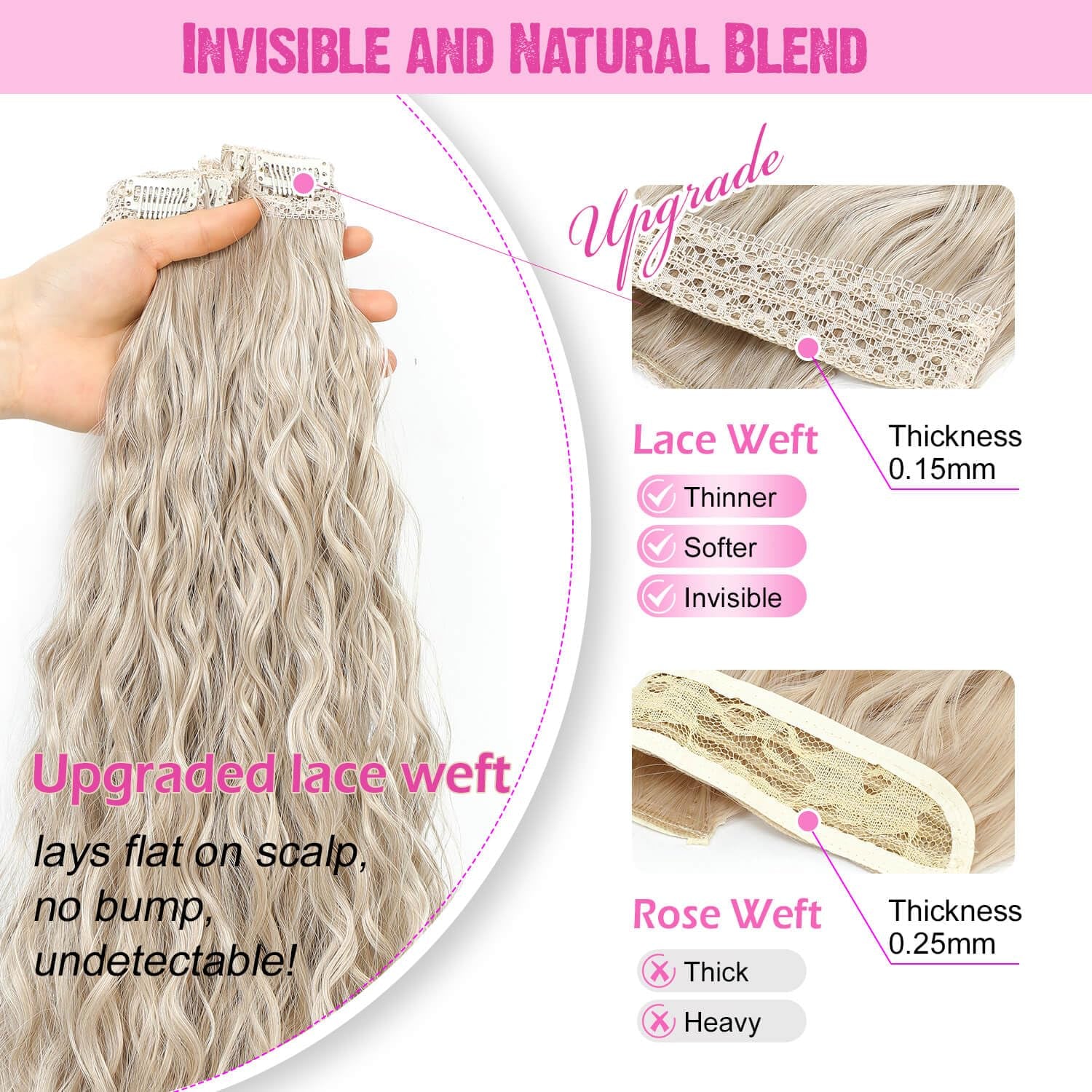 4Pcs Clip in Hair Extensions 20Inch Blonde Soft Invisible Hair Extensions Clip Ins Thick Mermaid Curly Hair Clip Ins Seamless Lace Weft for Women(Ivory Blonde)