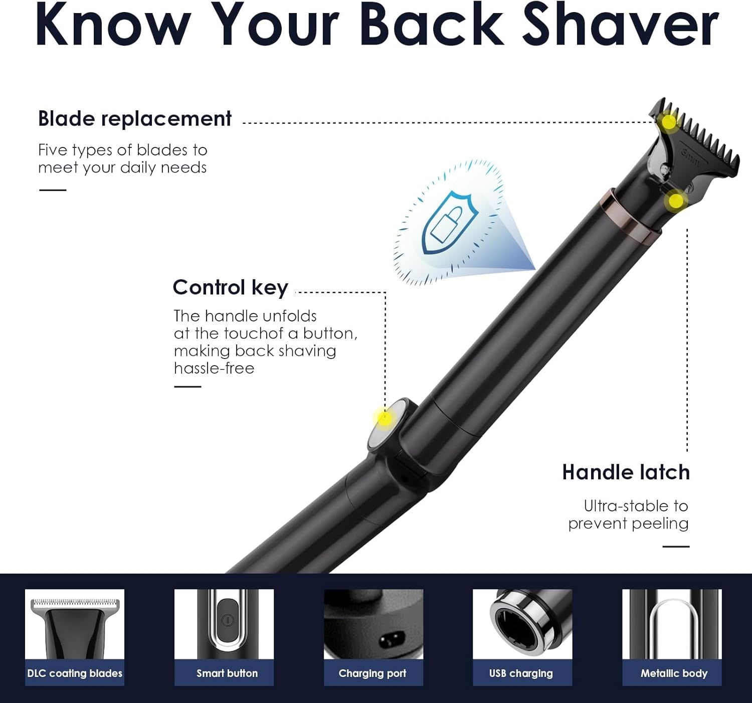 Back Shaver for Men, 5-In-1 Electric Back Hair Removal Razor with Adjustable Extension Handle, Body Hair Trimmer Grooming Kit for Wet or Dry Shaving,Rechargeable,Waterproof (Black)