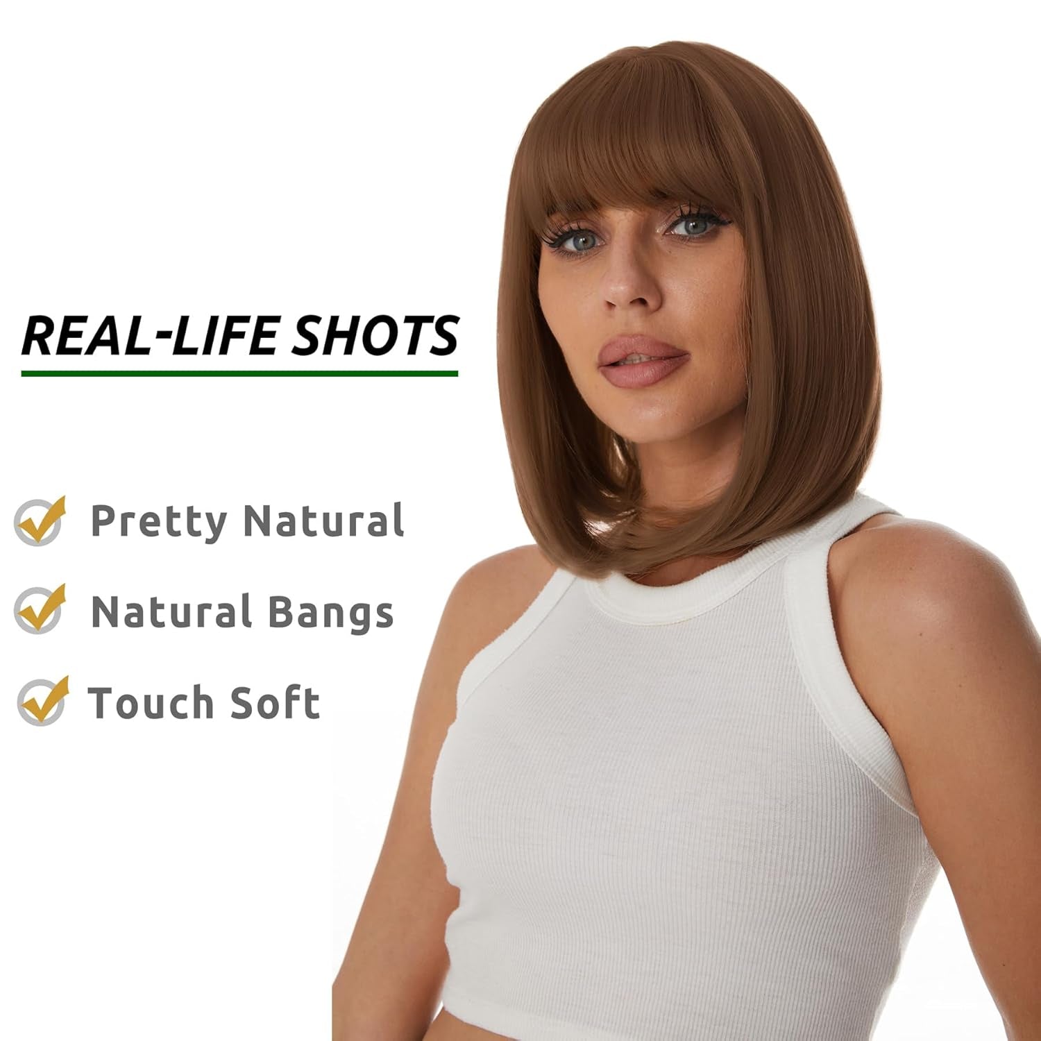 Auburn Bob Wigs with Bangs for Women Short Straight Shoulder Length Heat Resistant Synthetic Wig Light Golden Brown Natural Looking for Daily Cosplay Party