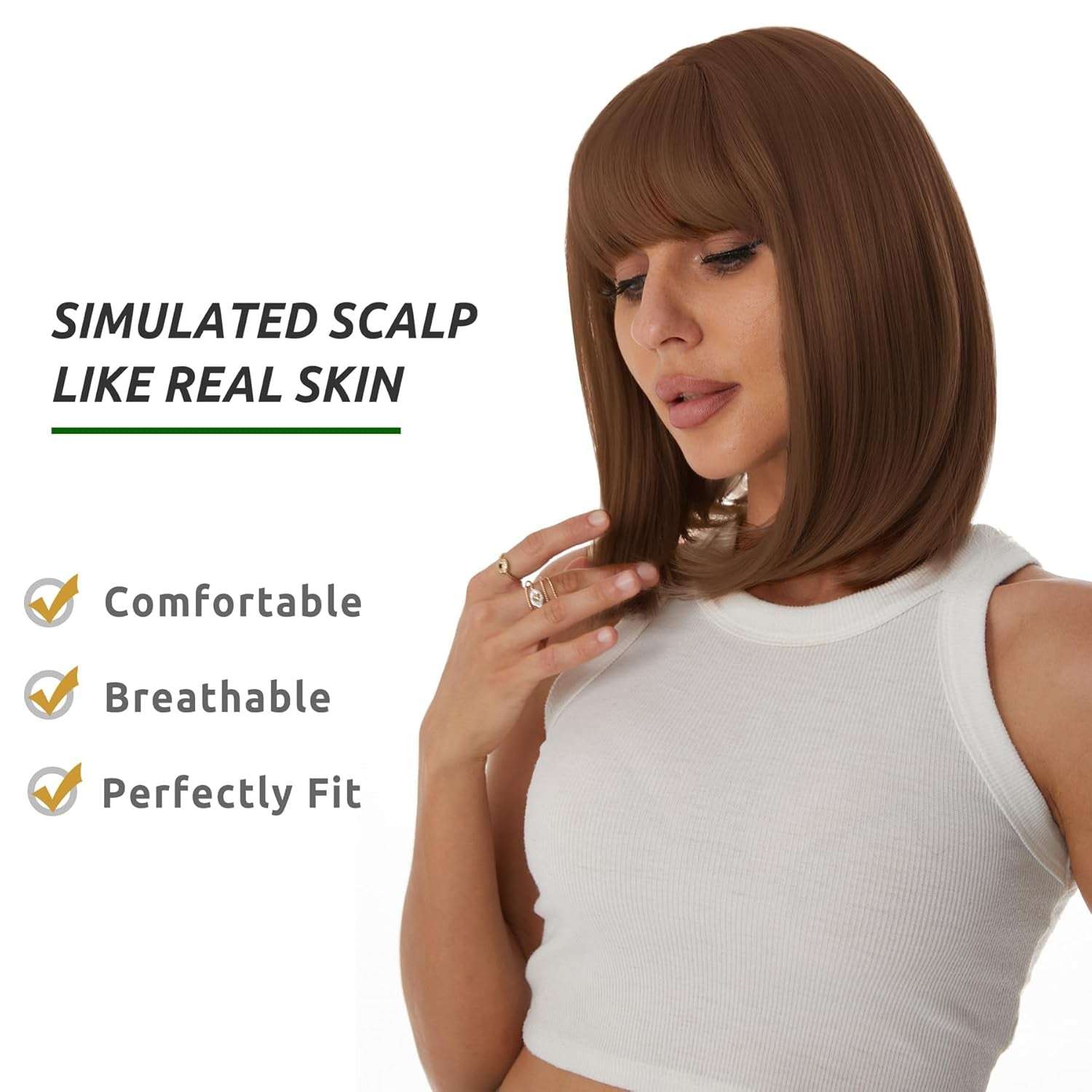 Auburn Bob Wigs with Bangs for Women Short Straight Shoulder Length Heat Resistant Synthetic Wig Light Golden Brown Natural Looking for Daily Cosplay Party