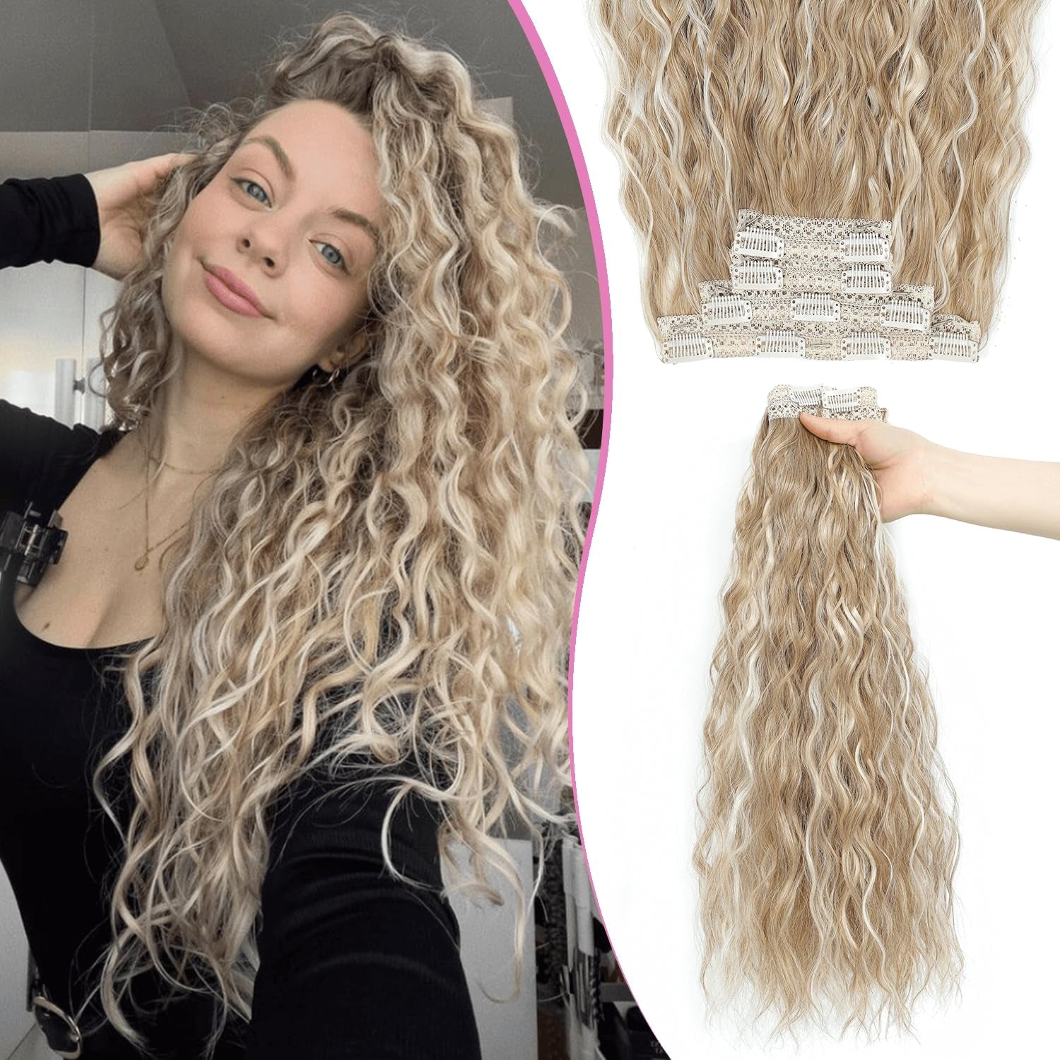 4Pcs Clip in Hair Extensions 20Inch Blonde Soft Invisible Hair Extensions Clip Ins Thick Mermaid Curly Hair Clip Ins Seamless Lace Weft for Women(Ivory Blonde)