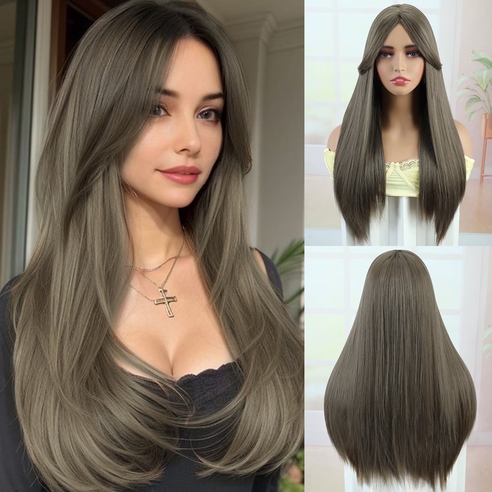 Long Straight Black Wigs for Women Synthetic Long Straight Wig with Bangs Looking Natural Black Long Wigs 24 Inch