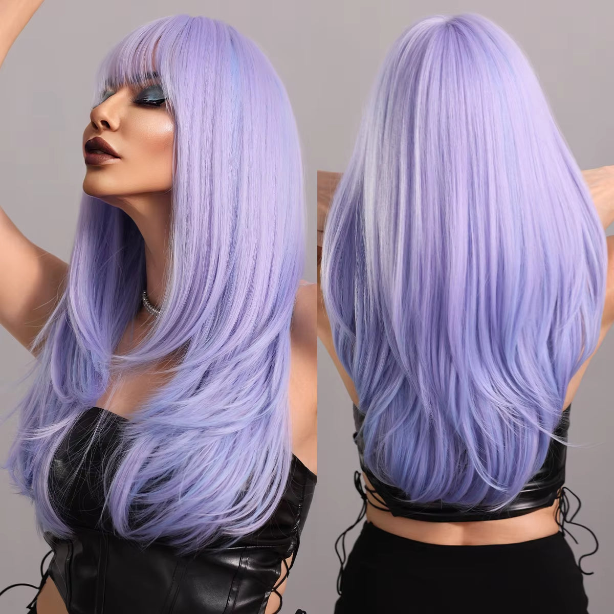 Long Wavy Purple Synthetic Wig for Women Daily Cosplay Party Natural Resistant Hair Wigs with Bangs Ombre Wigs