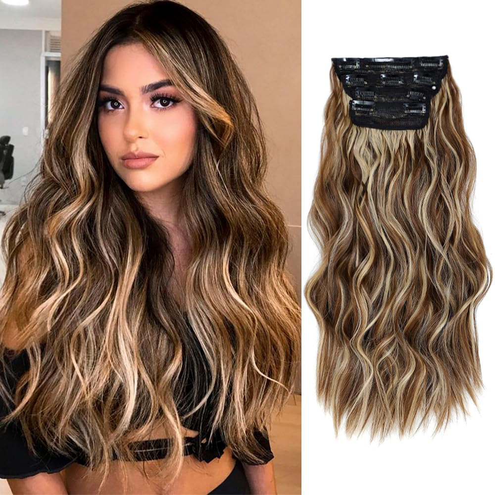 4PCS Clip in Hair Extensions 20Inch Long Wavy Hair Extensions Clip Ins Synthetic Thick Hair Piece for Women(Black)